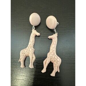 Vintage Giraffe Earrings Neutral Posts 3 Inch Dangle Beige Tan Mauve